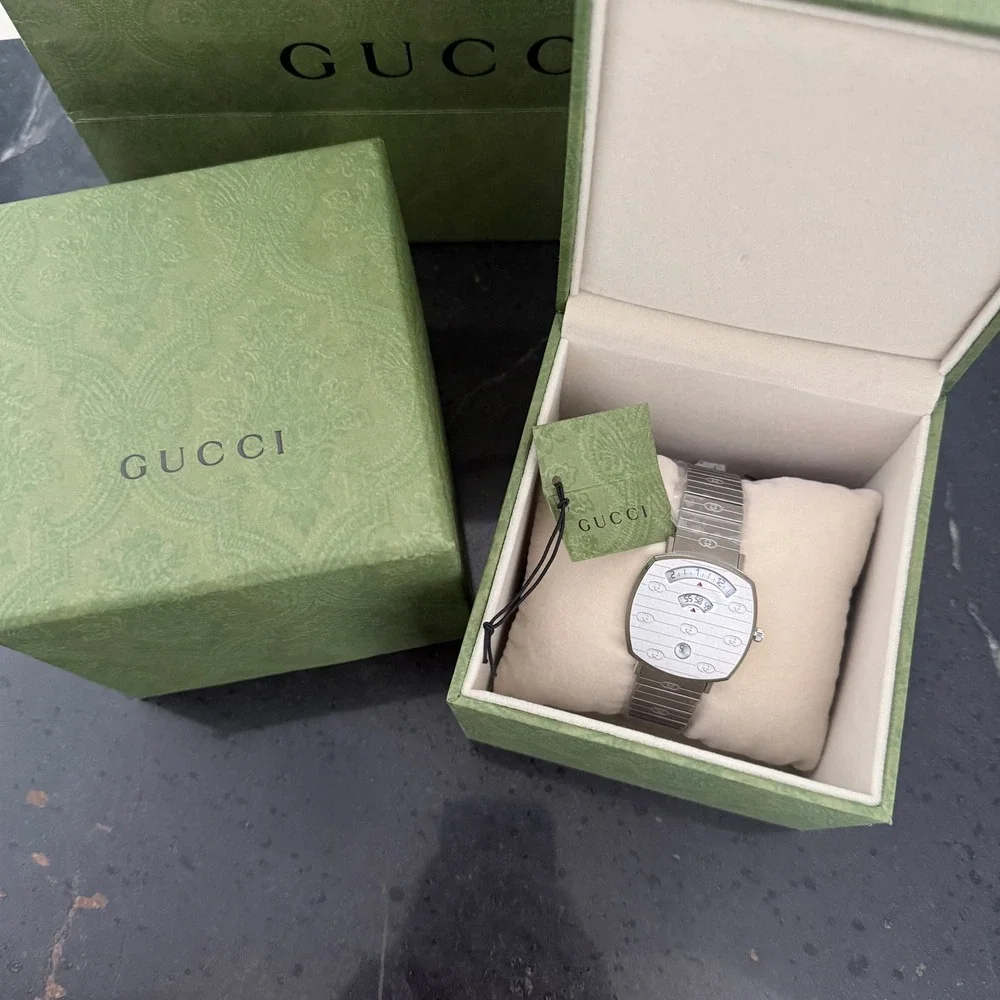 Gucci Grip Watch YA157401 Stainless Steel Silver Logo Engraved Swiss‎ Made 38mm